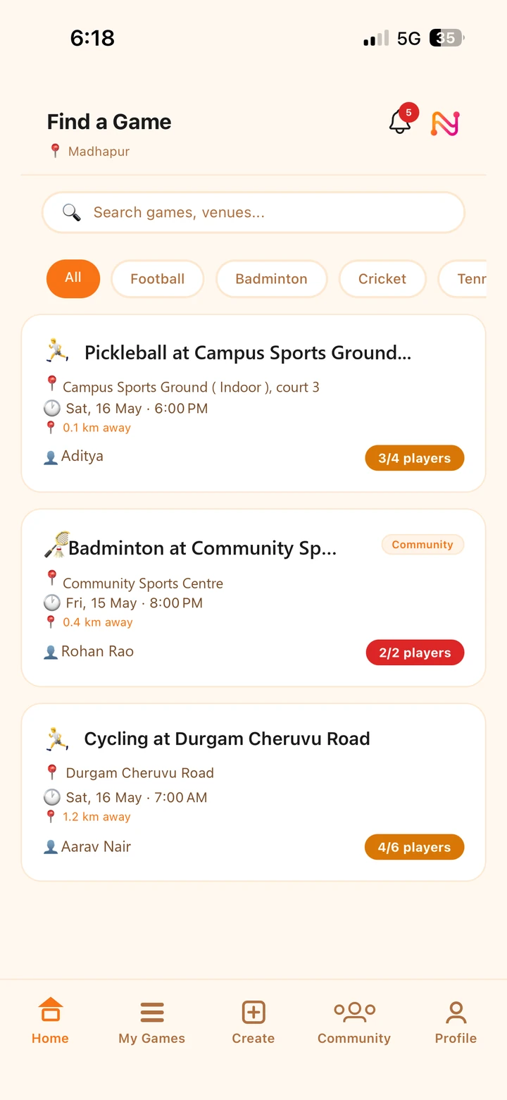 The NearbyPlay app showing a feed of nearby games to discover and join