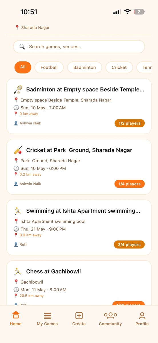 NearbyPlay app showing nearby games