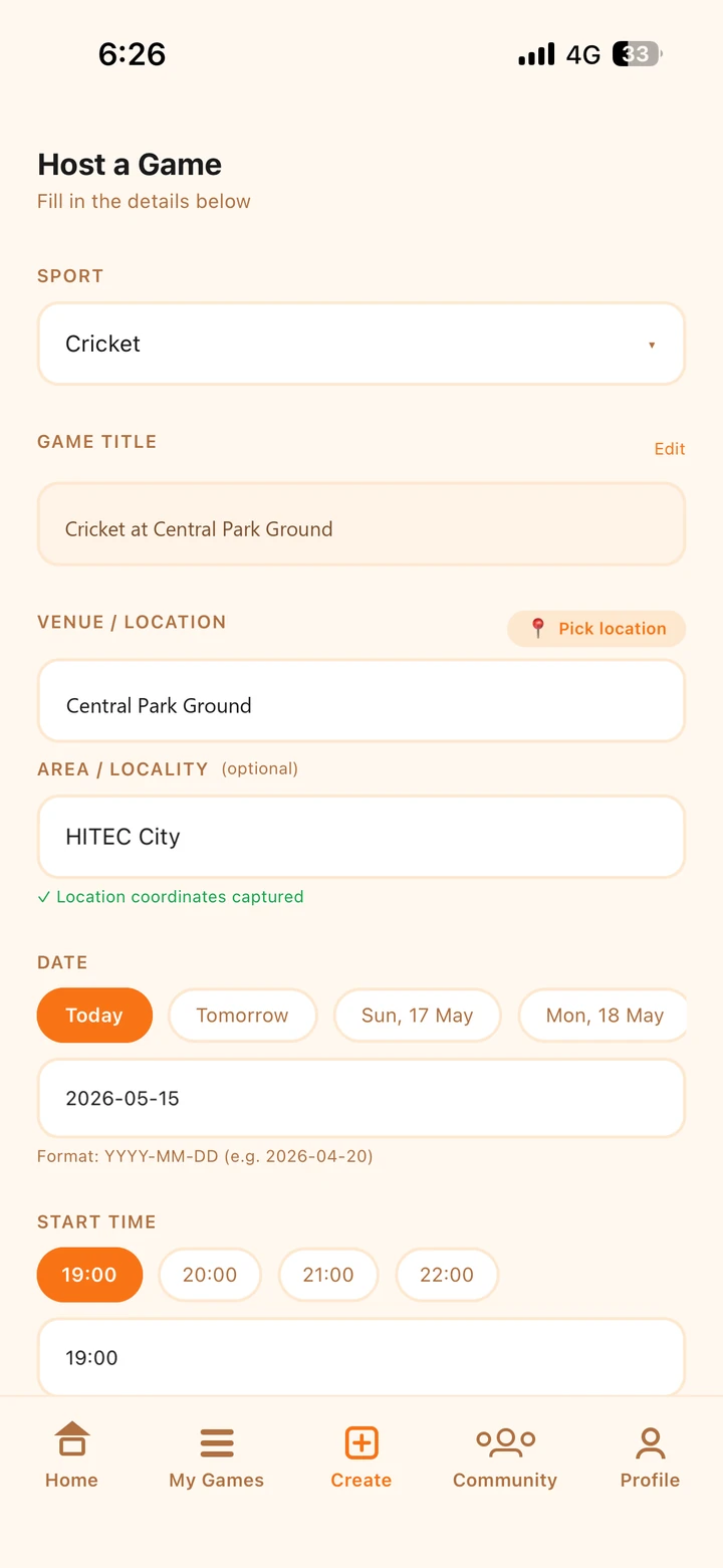 The NearbyPlay screen for hosting a game